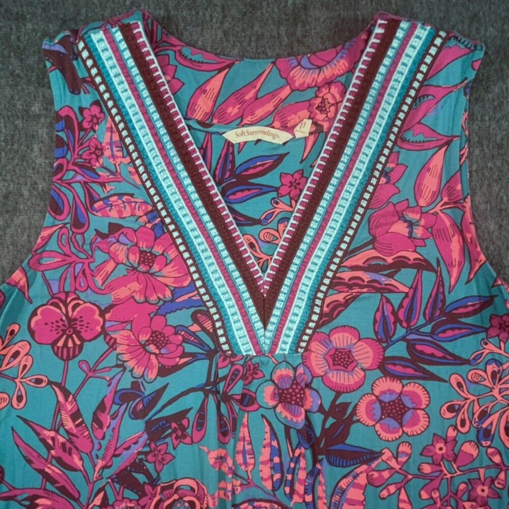 Soft Surroundings Embroidered V-Neck Knit Tank Top Pink Teal Floral sz L Boho - Picture 2 of 9